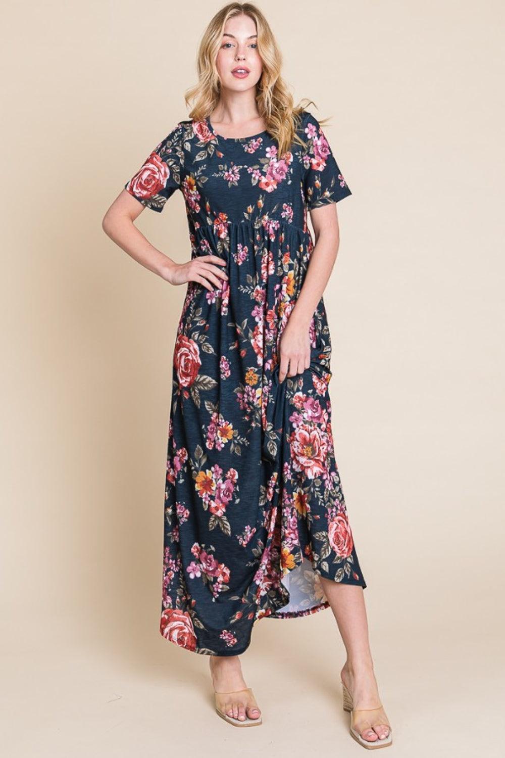 BOMBOM Floral Short Sleeve Maxi Dress - ClubOn