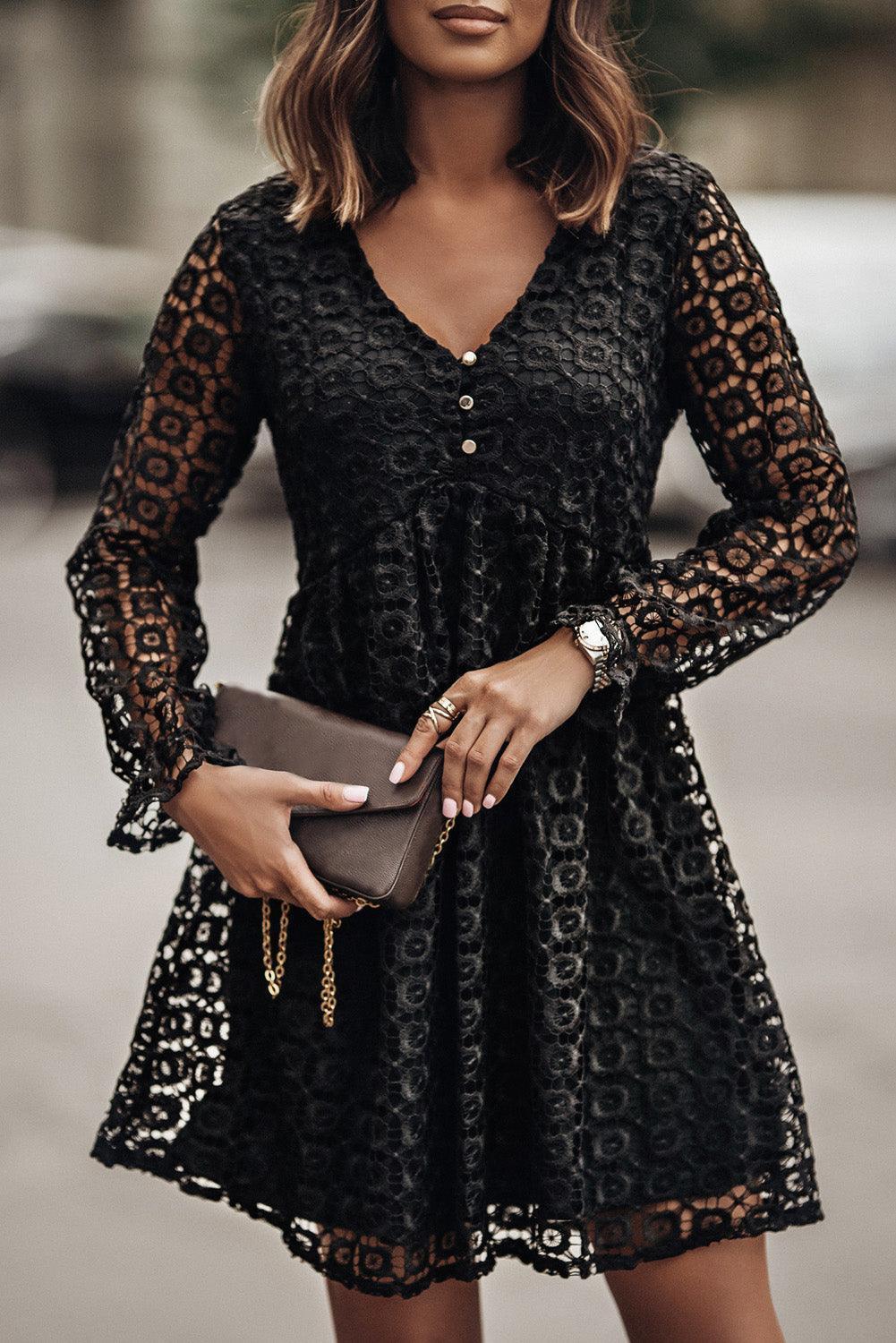 Buttoned Empire Waist Lace Dress - ClubOn