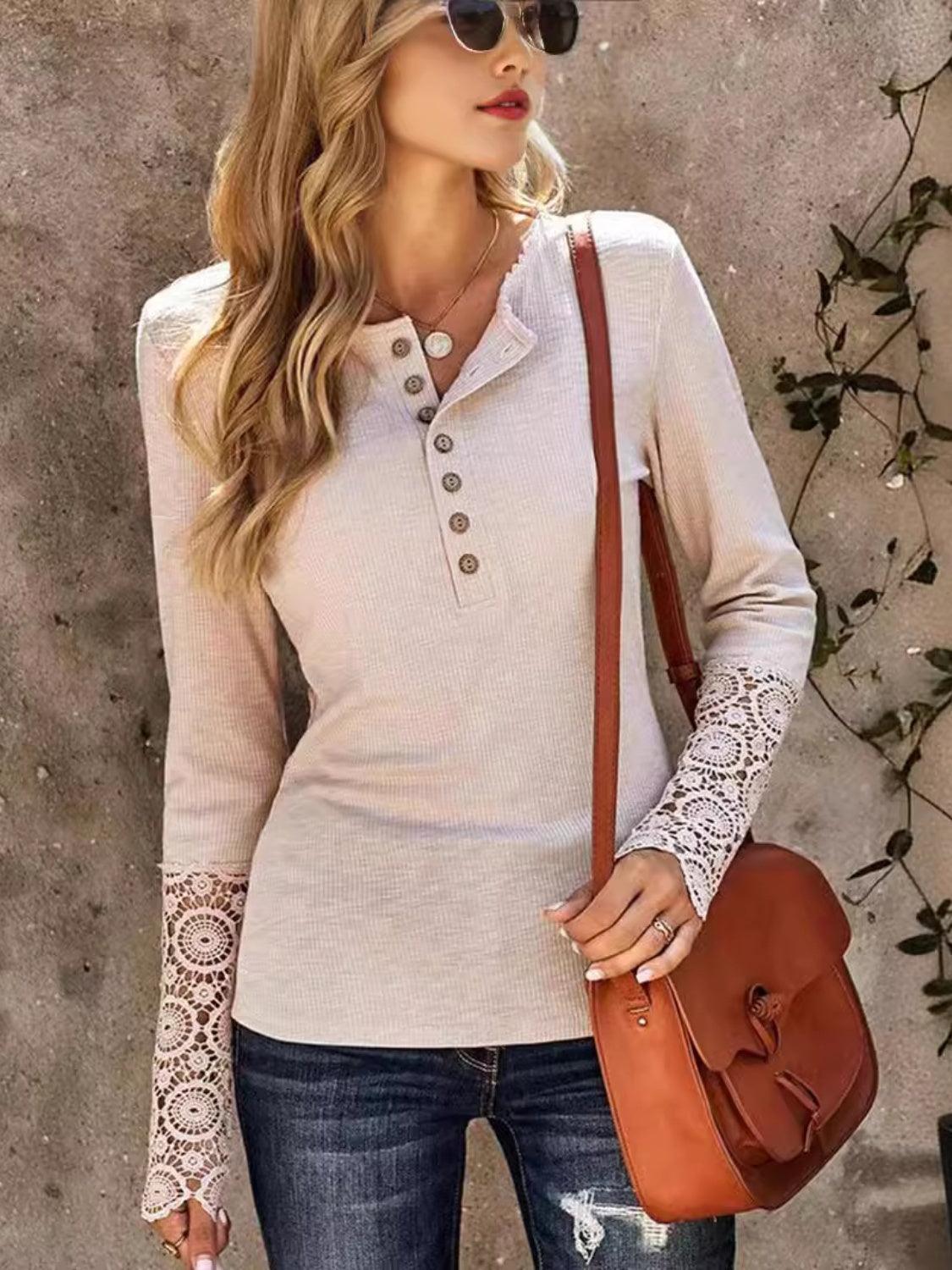 Lace Detail Half Button Round Neck Long Sleeve T-Shirt - ClubOn