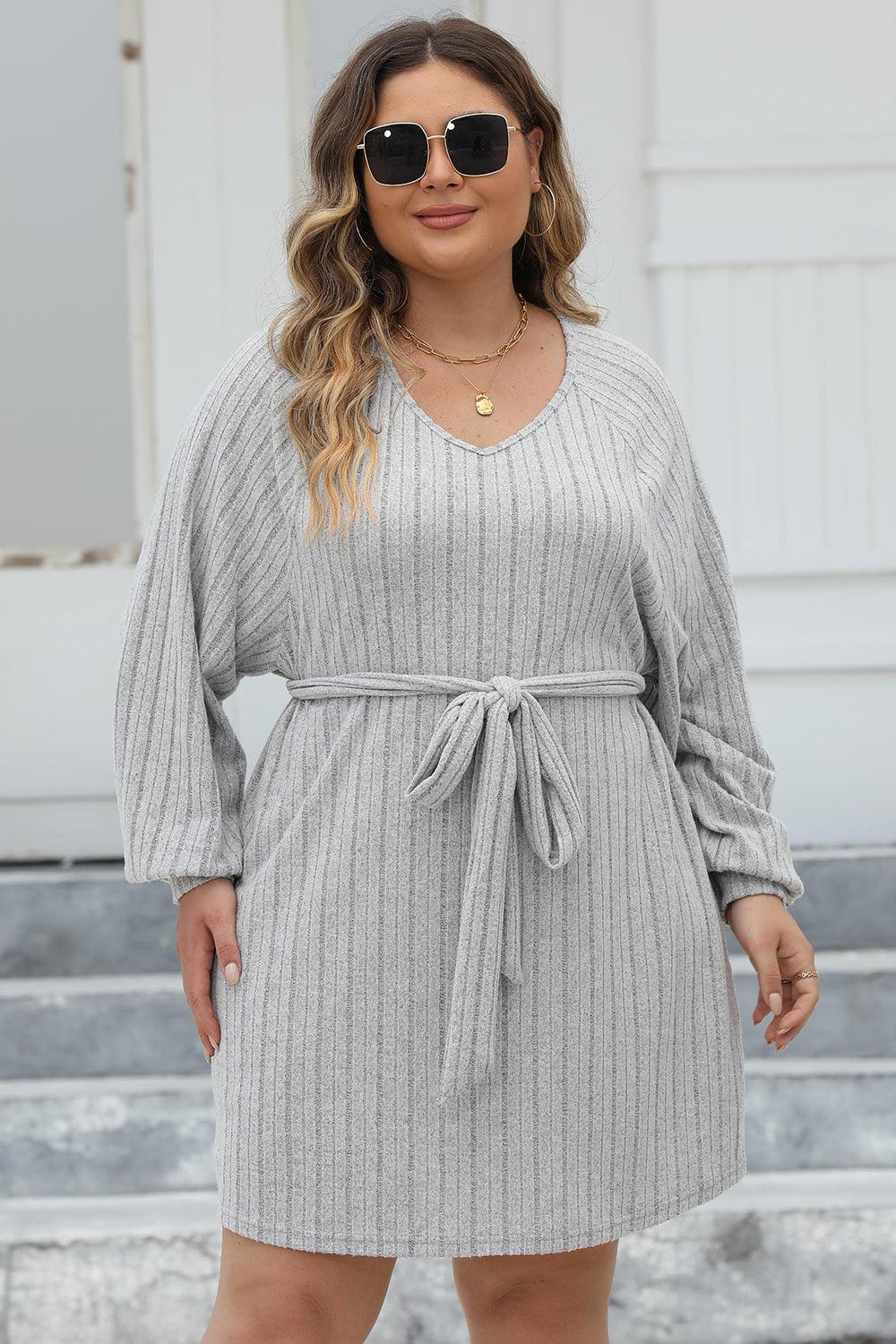 Plus Size Ribbed Tie Front Long Sleeve Sweater Dress - ClubOn