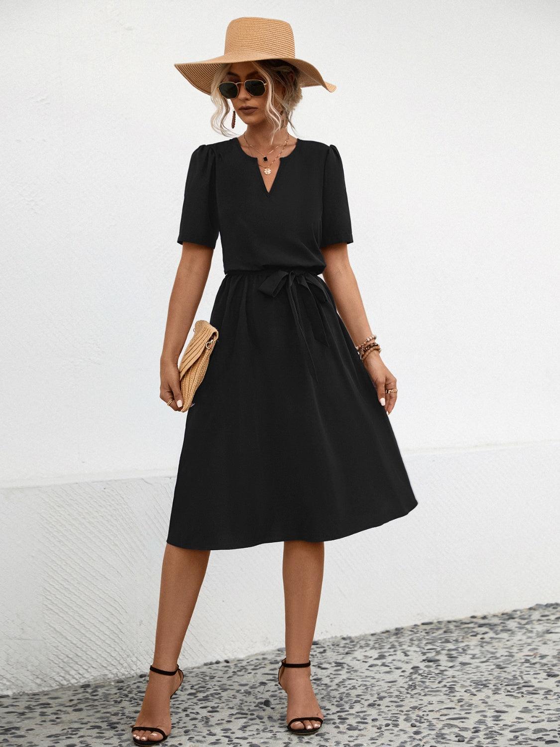 Tied Notched Short Sleeve Dress - ClubOn