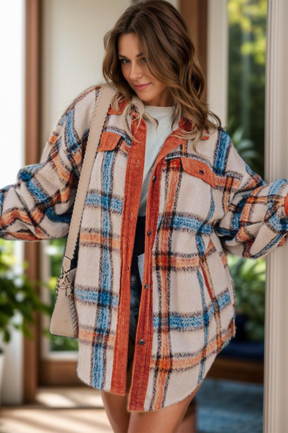 Plus Size Plaid Button Down Jacket - ClubOn