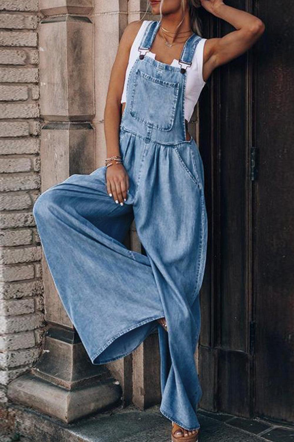 Distressed Wide Leg Denim Overalls - ClubOn