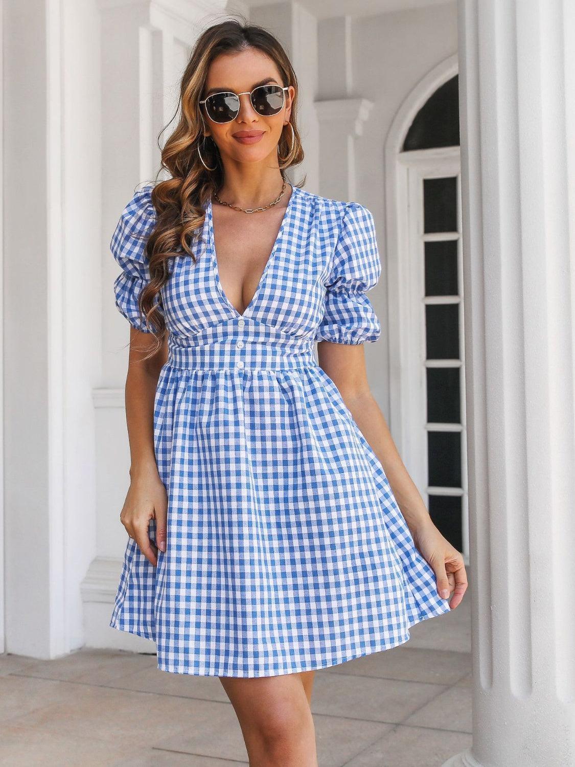 Decorative Button Plaid Short Sleeve Dress - ClubOn