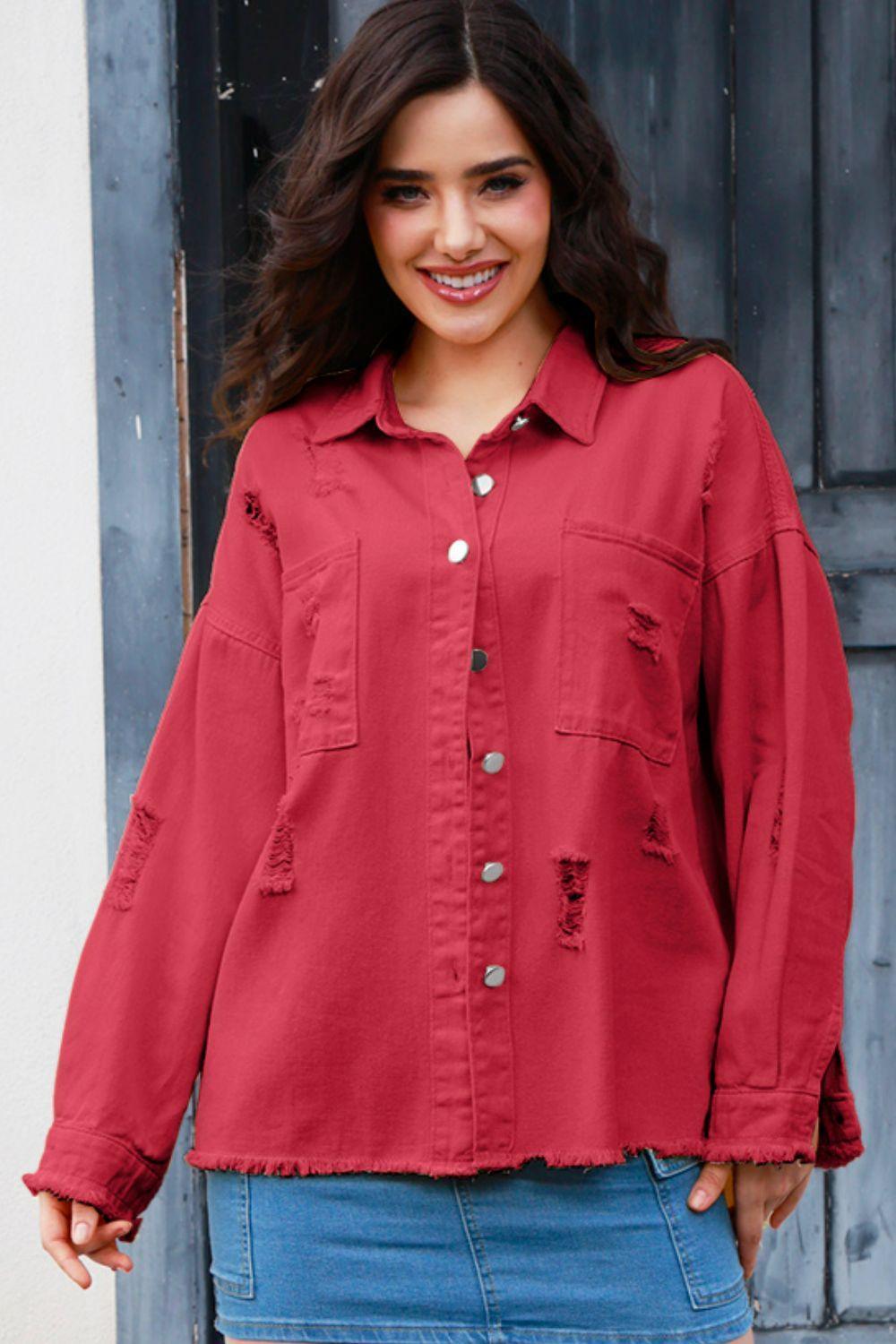Distressed Button Up Raw Hem Denim Jacket - ClubOn