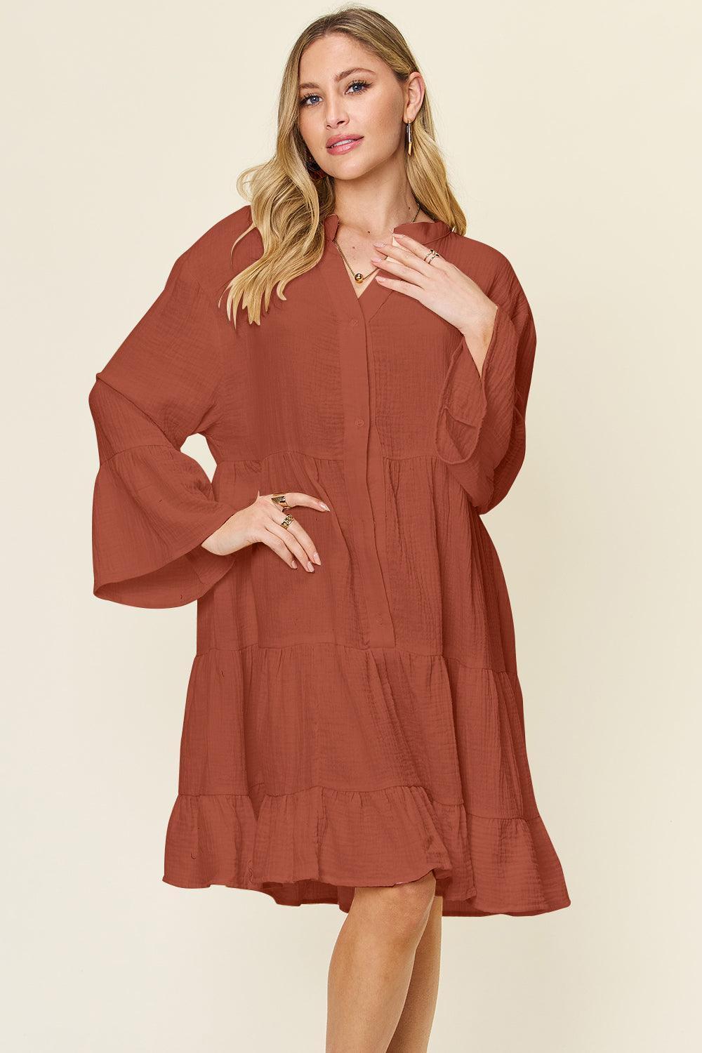 Double Take Full Size Texture Button Up Ruffle Hem Dress - ClubOn