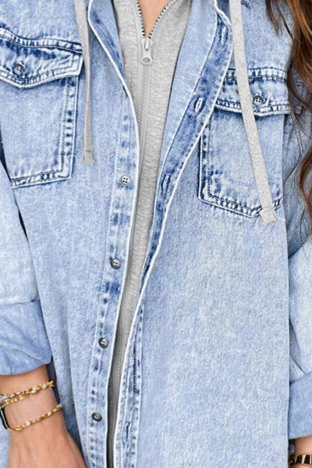 Distressed Button Up Long Sleeve Denim Jacket - ClubOn
