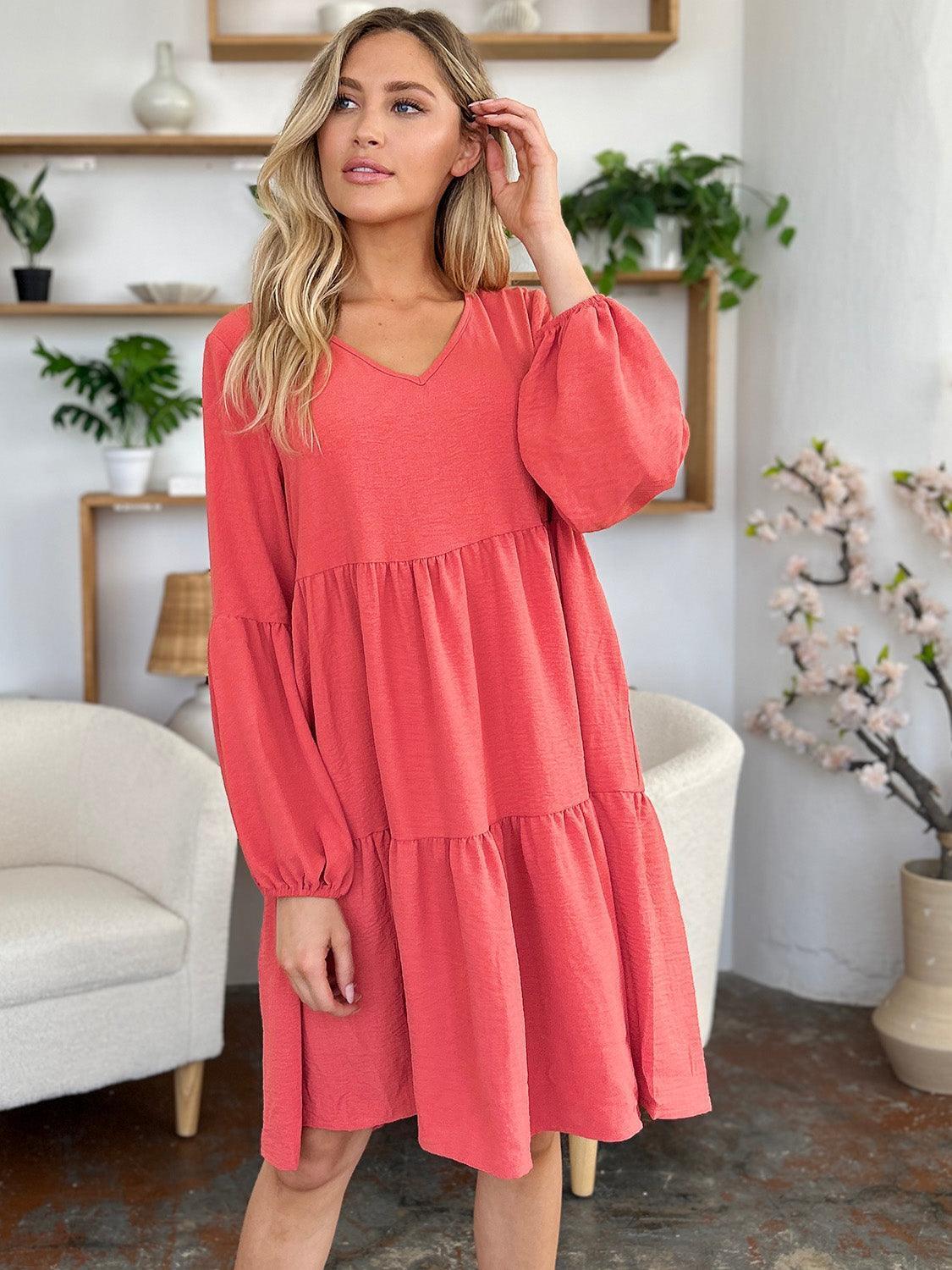 Double Take Full Size V-Neck Balloon Sleeve Tiered Dress with Pockets - ClubOn
