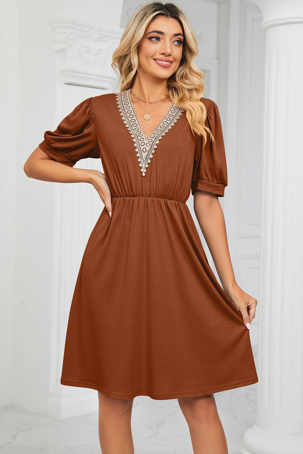 V-Neck Puff Sleeve Dress - ClubOn