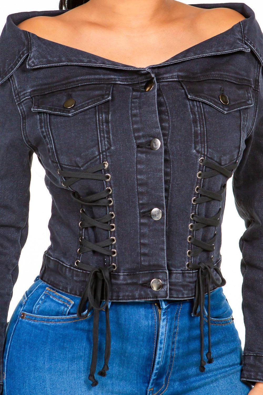 American Bazi Off Shoulder Lace Up Denim Jacket - ClubOn