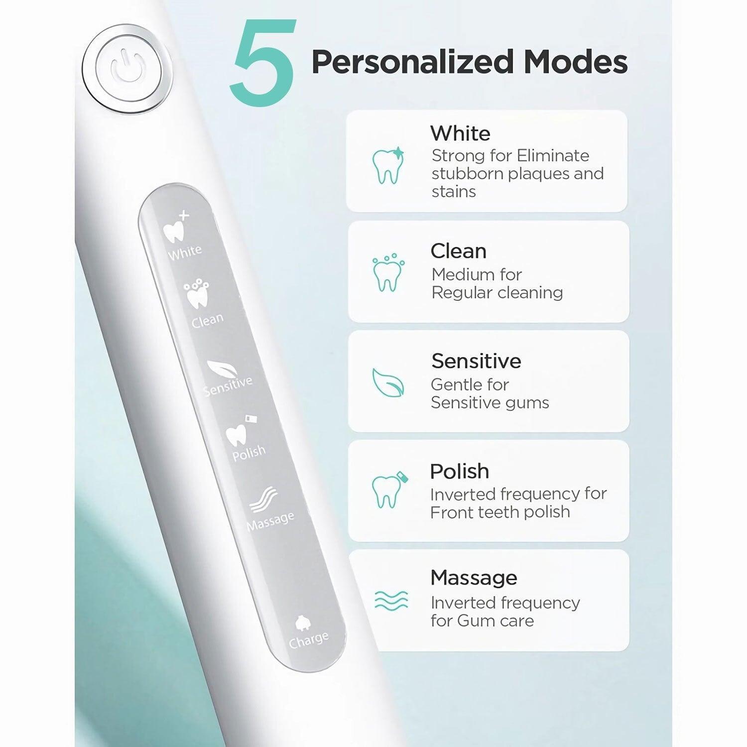 Fairywill Sonic Electric Toothbrush, 6 Brush Heads, IPX7 Waterproof, 5 Modes, 30 Days Battery Life - ClubOn