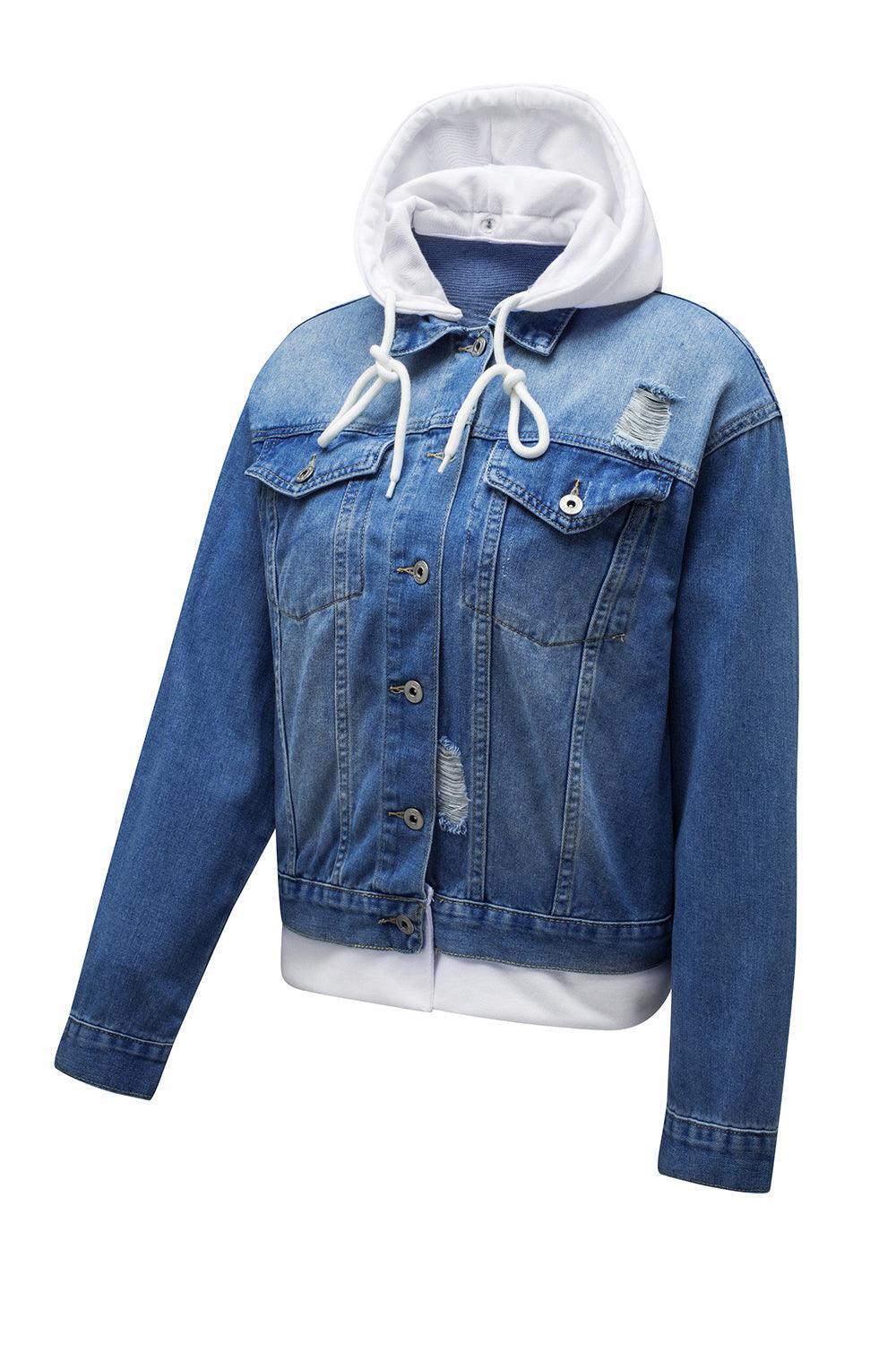Distressed Hooded Denim Jacket - ClubOn