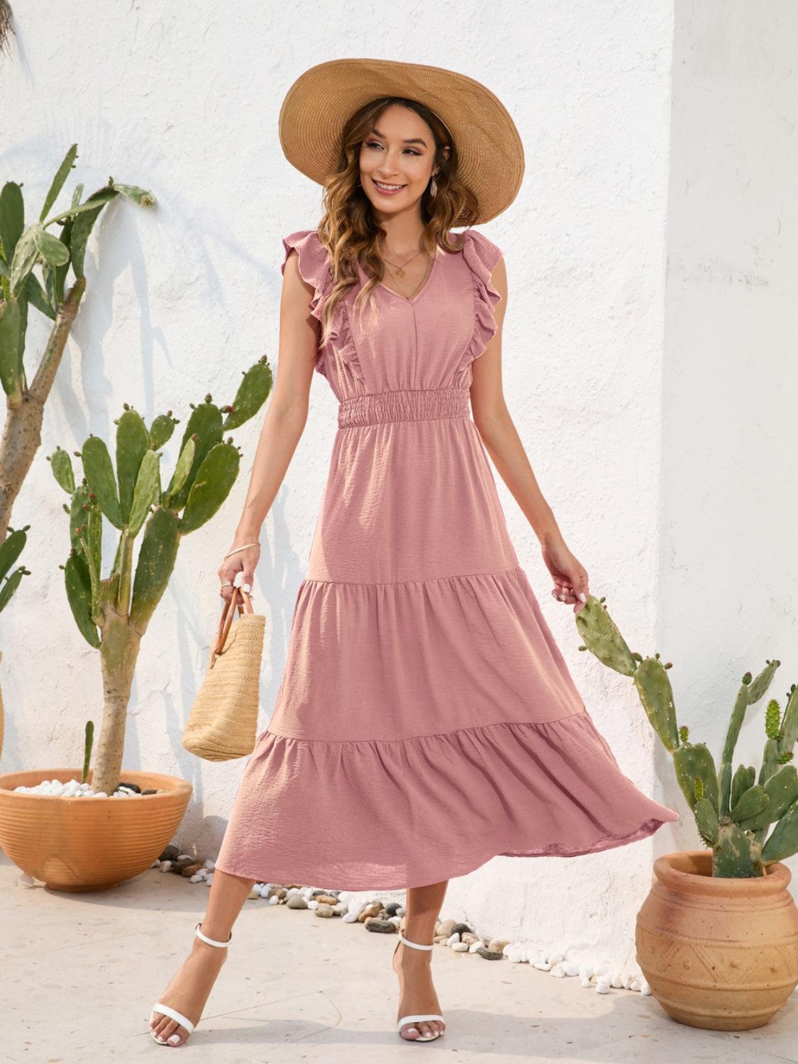 Tiered Ruffled V-Neck Cap Sleeve Dress - ClubOn