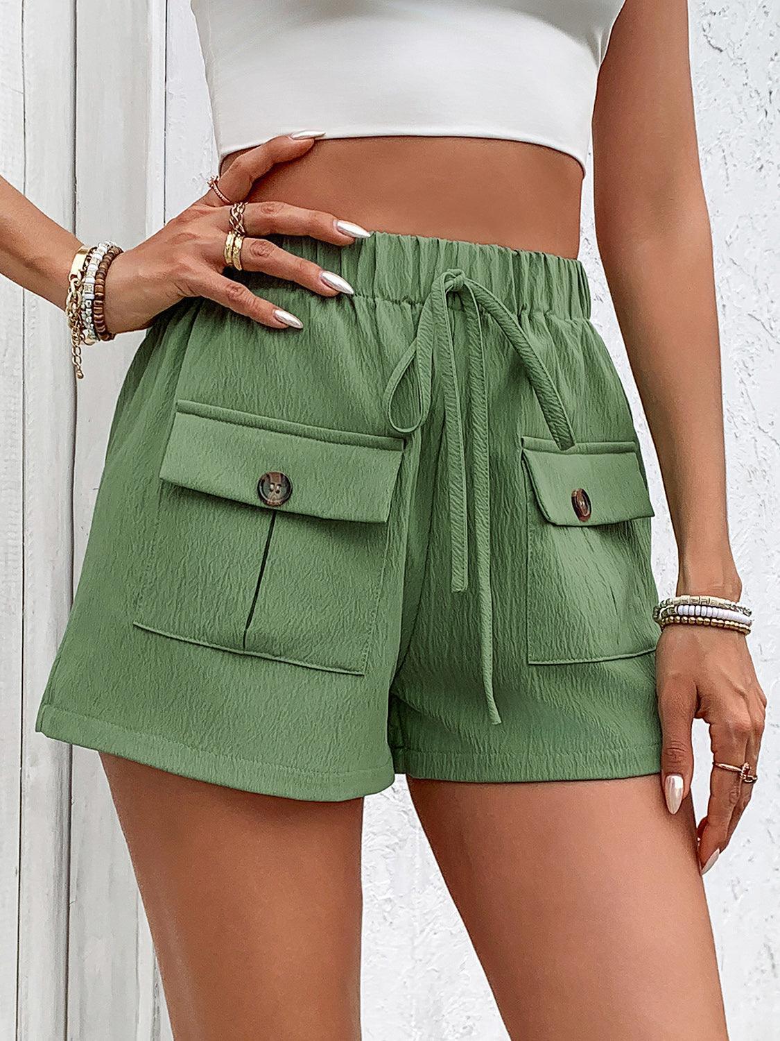 Tied Pocketed Shorts with Decorative Button – 100% Polyester (S-XL) - ClubOn