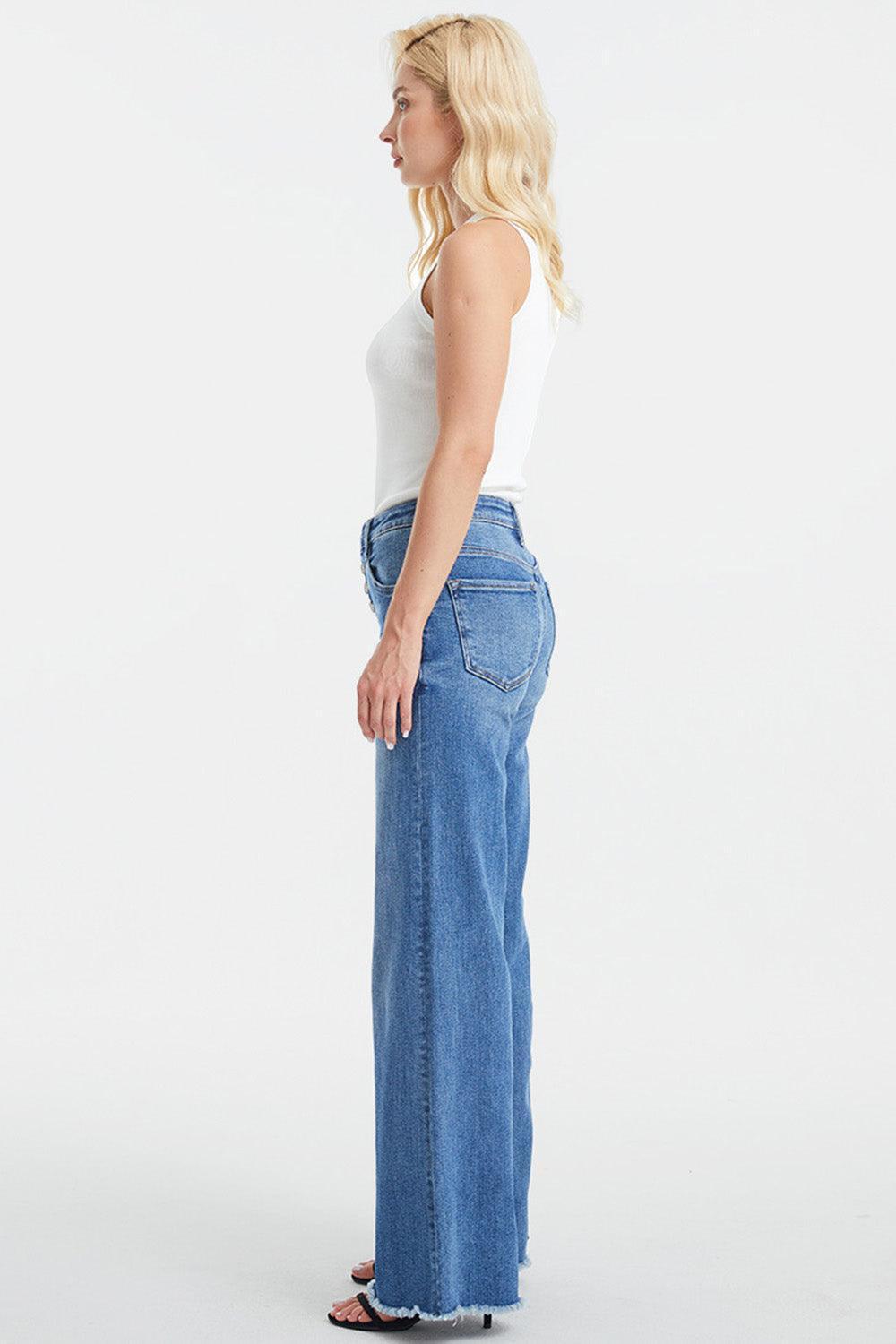 BAYEAS Full Size High Waist Button-Fly Raw Hem Wide Leg Jeans - ClubOn