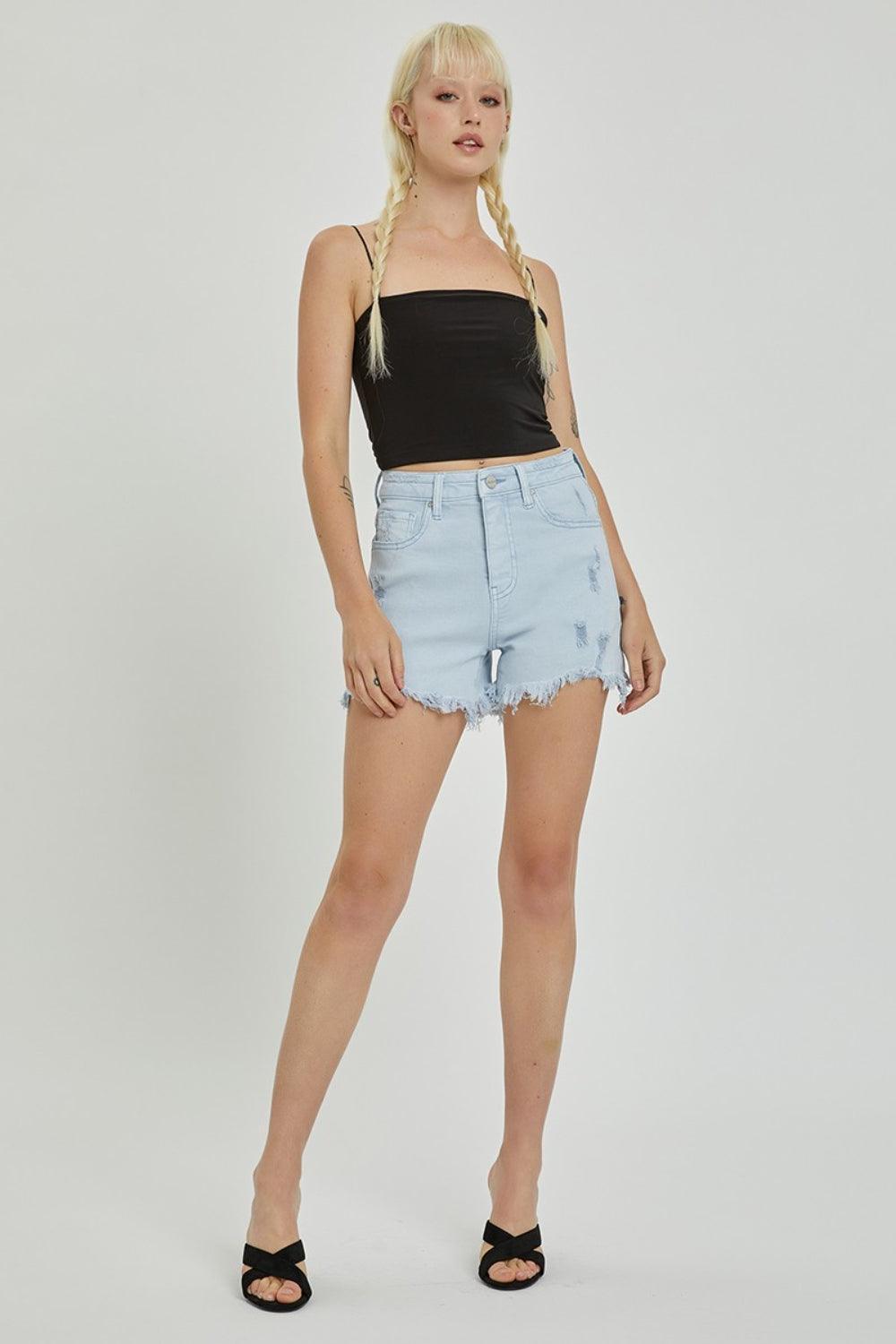 RISEN Full Size High Rise Distressed Detail Denim Shorts - ClubOn