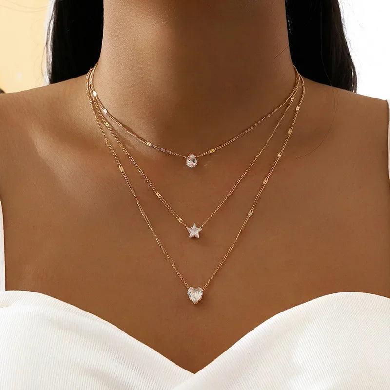 3Pcs Vintage Rhinestone Heart Pendant Necklace Set for Women - ClubOn
