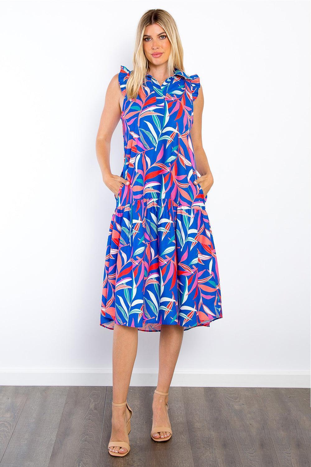 Be Stage Print Ruffled Midi Dress with Pockets - ClubOn
