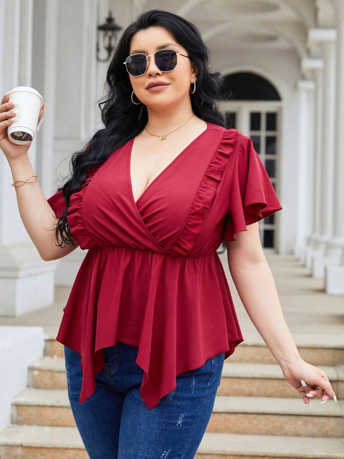 Plus Size Frill Surplice Flutter Sleeve Blouse - ClubOn