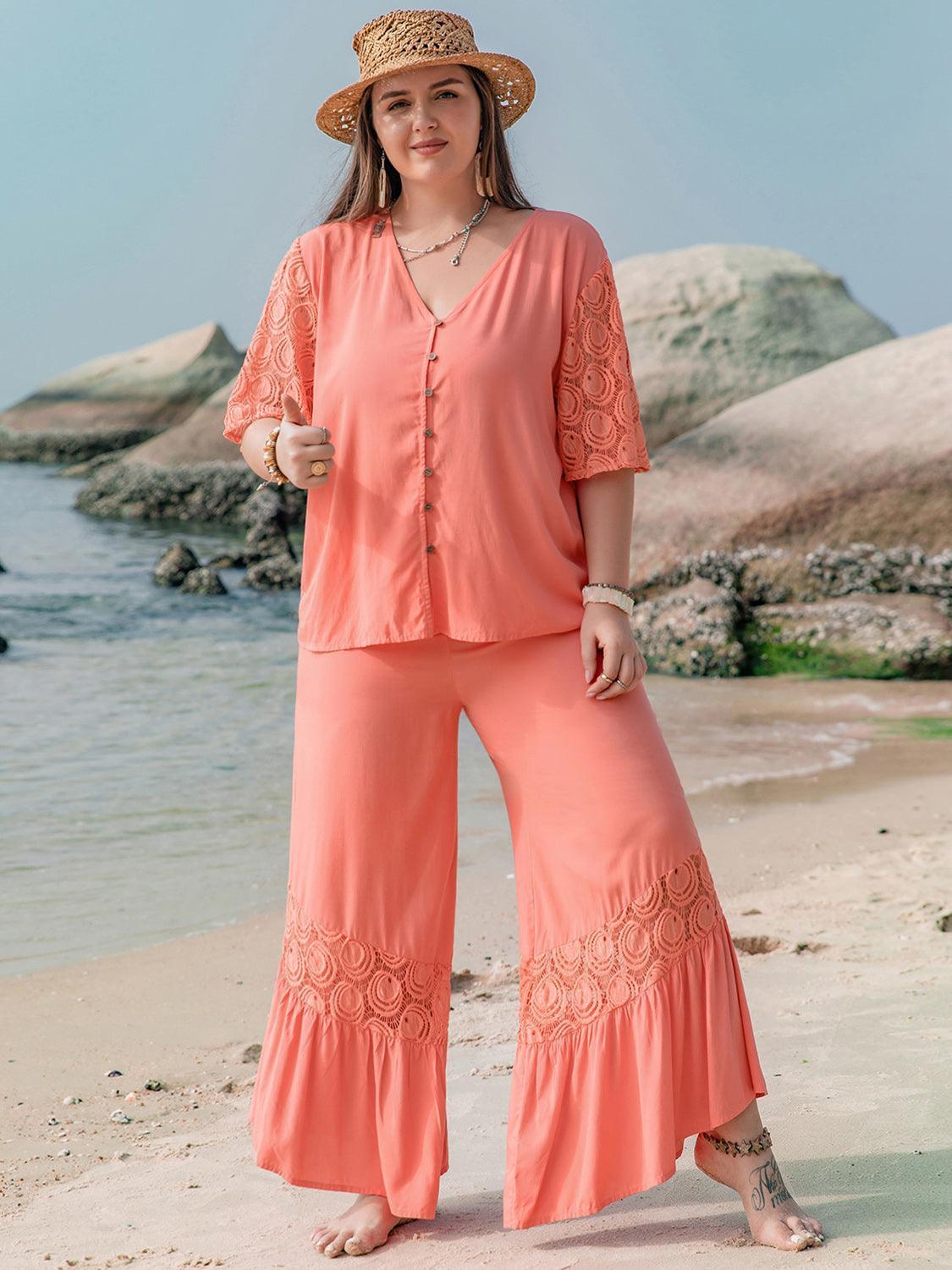 Plus Size Button Up Half Sleeve Top and Pants Set - ClubOn