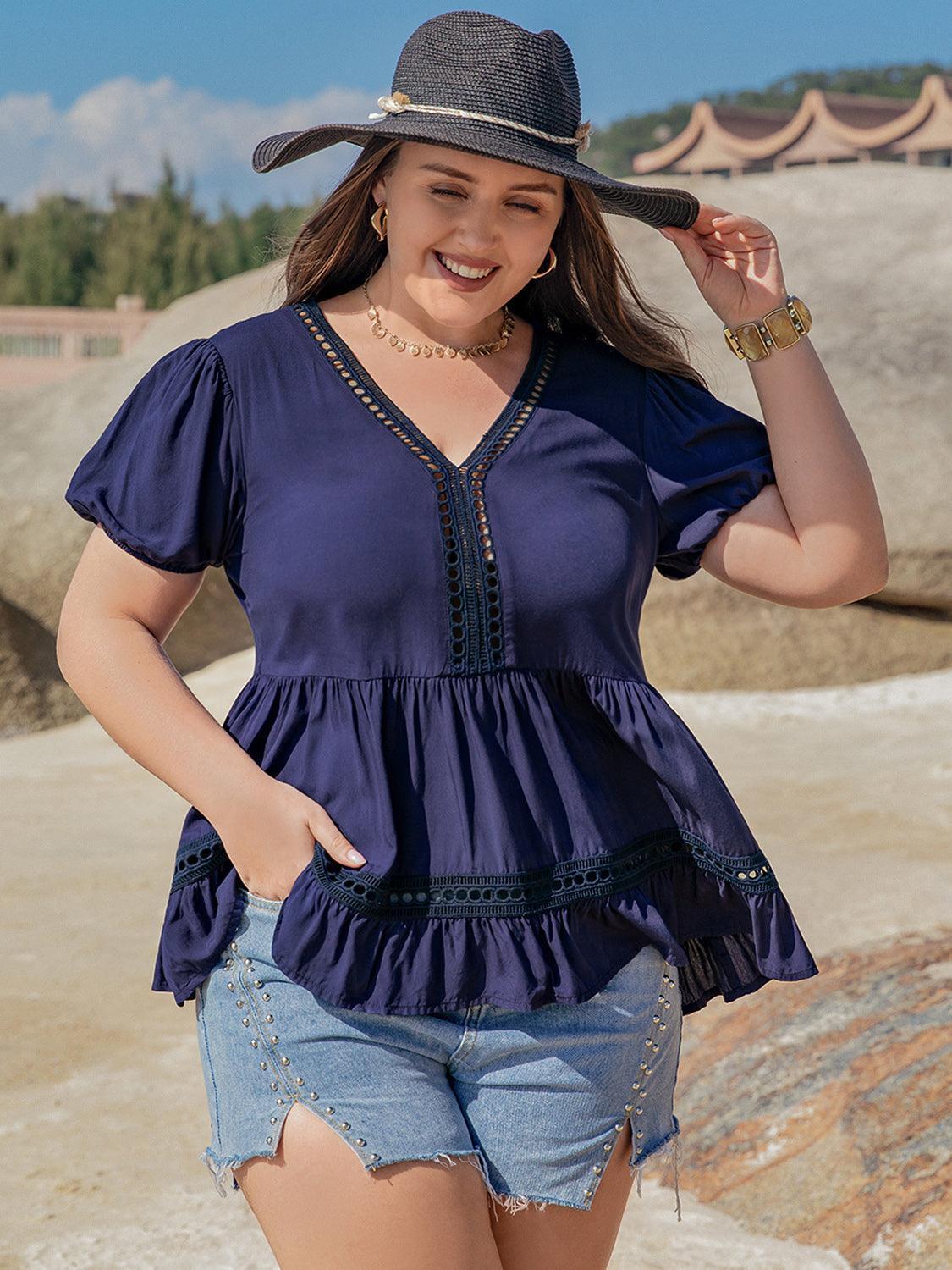 Plus Size Peplum V-Neck Short Sleeve Blouse - ClubOn