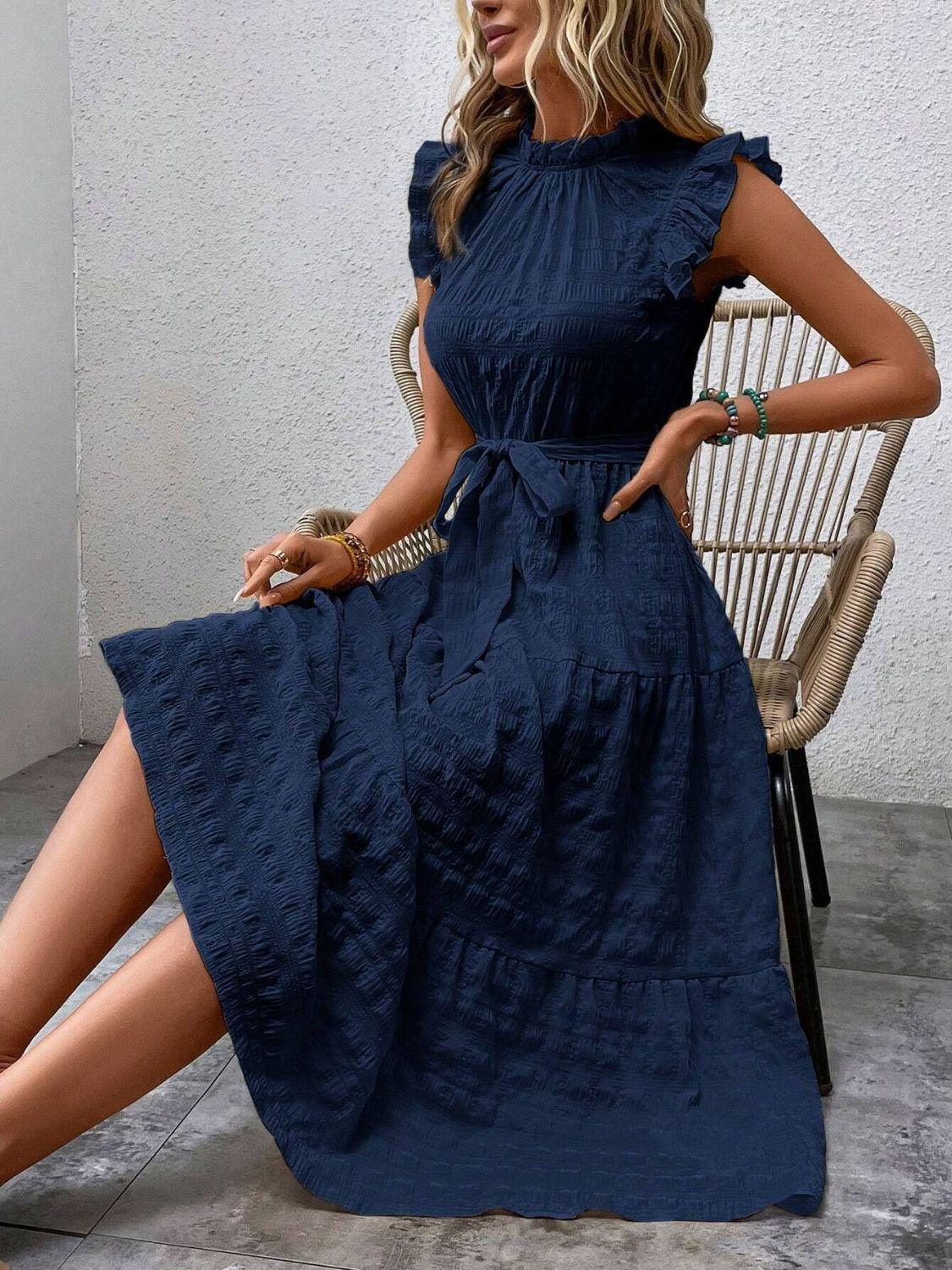 Tied Ruffled Cap Sleeve Midi Dress - ClubOn