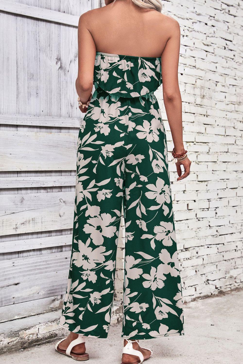 Perfee Floral Strapless Wide Leg Jumpsuit - ClubOn
