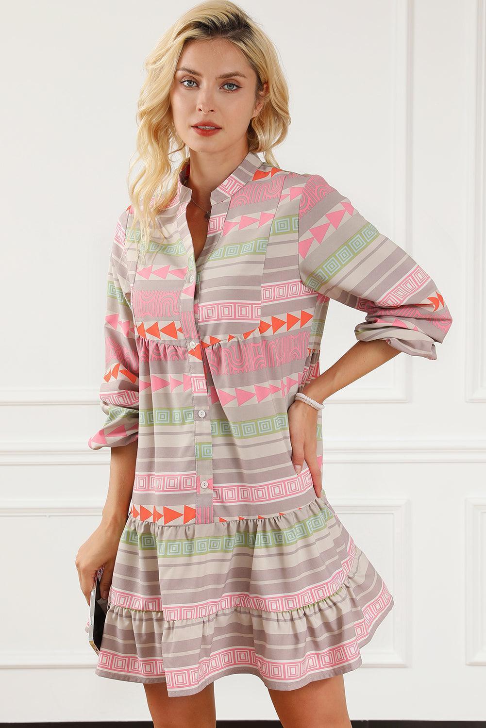 Tiered Notched Balloon Sleeve Buttoned Dress - ClubOn