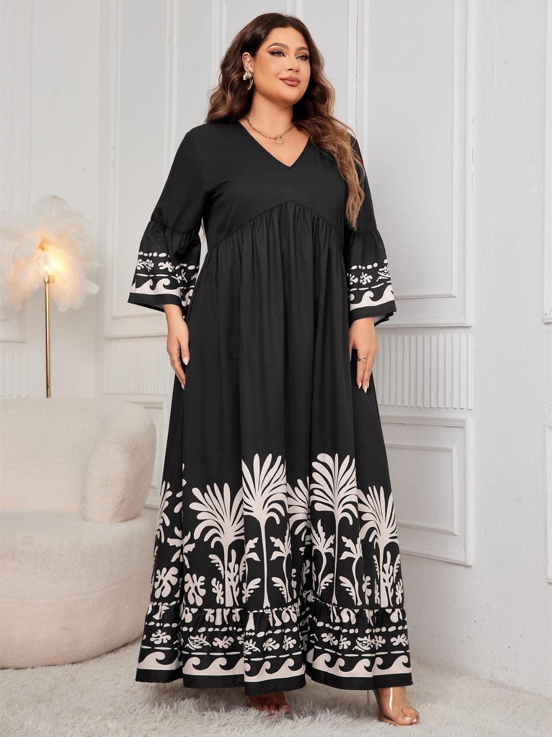 Honey Plus Size Printed V-Neck Long Sleeve Maxi Dress - ClubOn