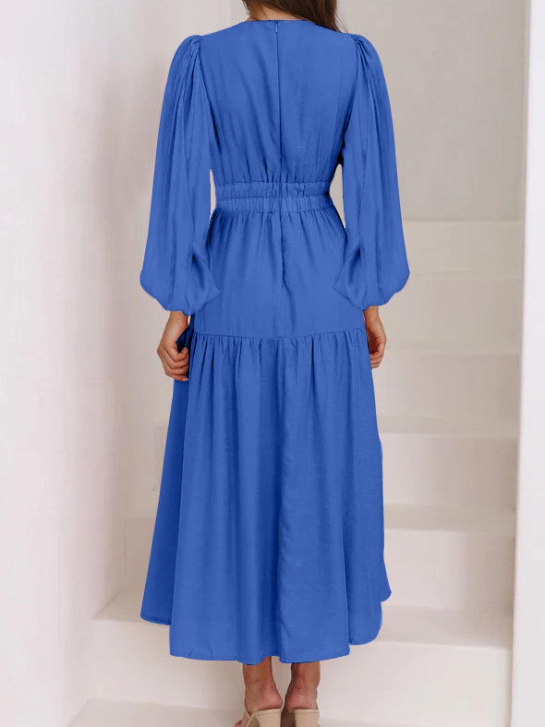 Deep V-Neck Balloon Sleeve Plain Maxi Dress - ClubOn