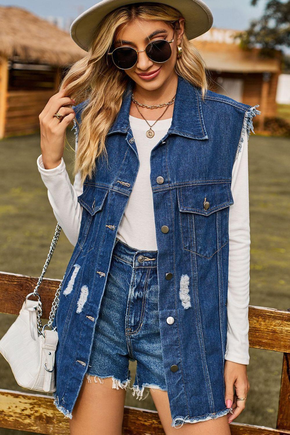 Sleeveless Button-Up Collared Denim Top with Pockets - ClubOn