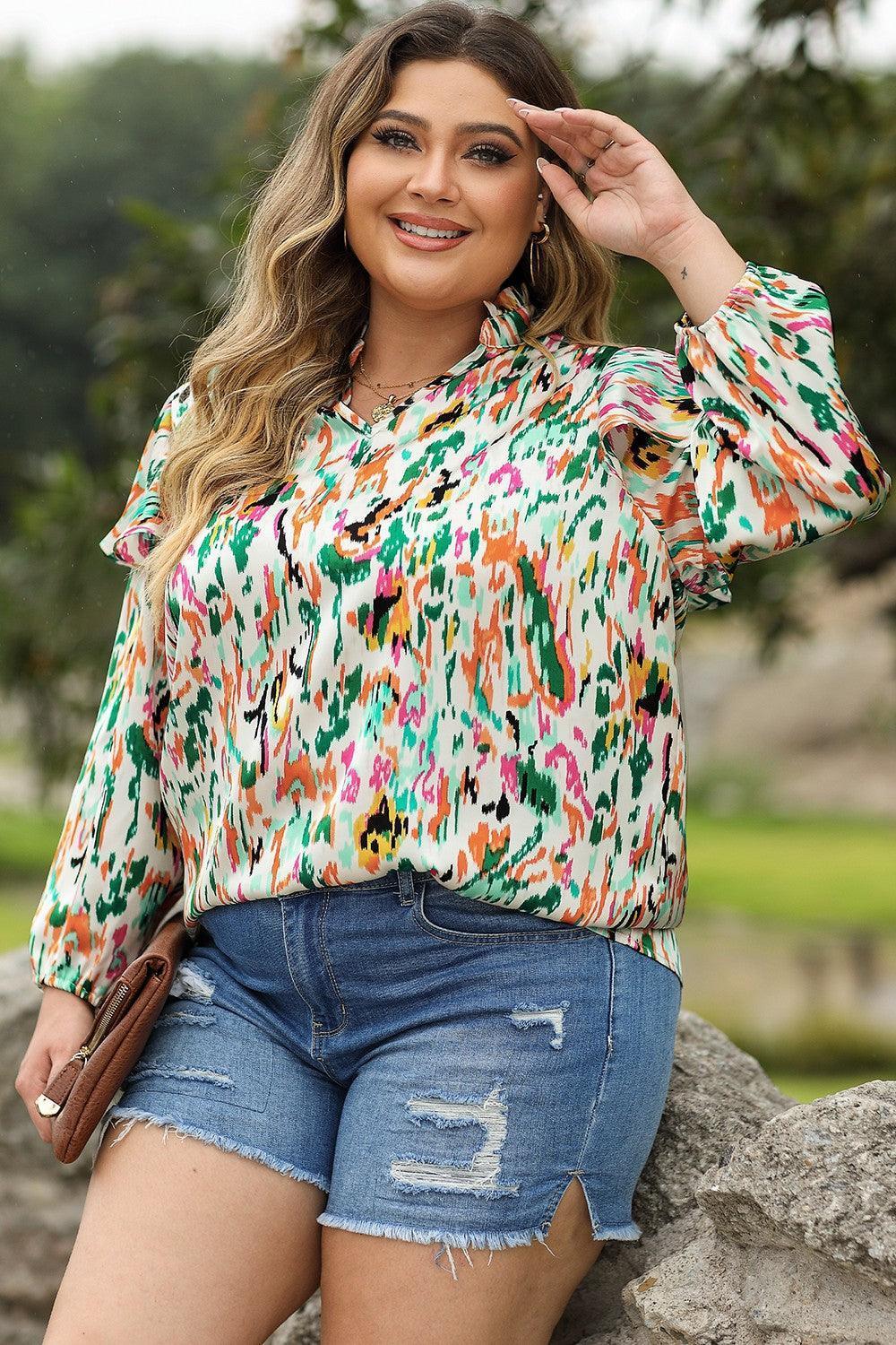 Plus Size Printed Ruffle Trim Long Sleeve Blouse - ClubOn
