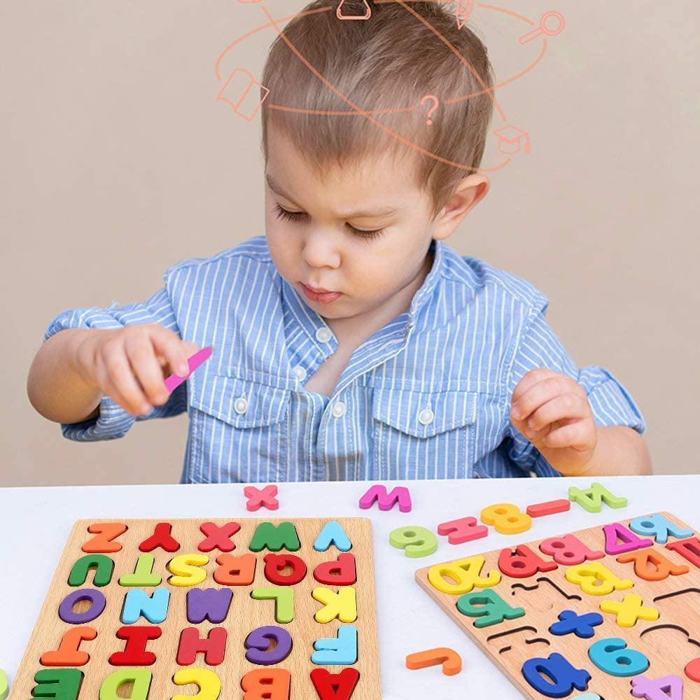 2PCS Wooden Alphabet Puzzles Set, 3D ABC Letter, Number & Shape Puzzle Set, Educational Puzzle Board for Kids - ClubOn