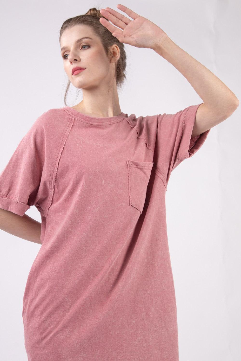 VERY J Washed Round Neck Mini Tee Dress - ClubOn