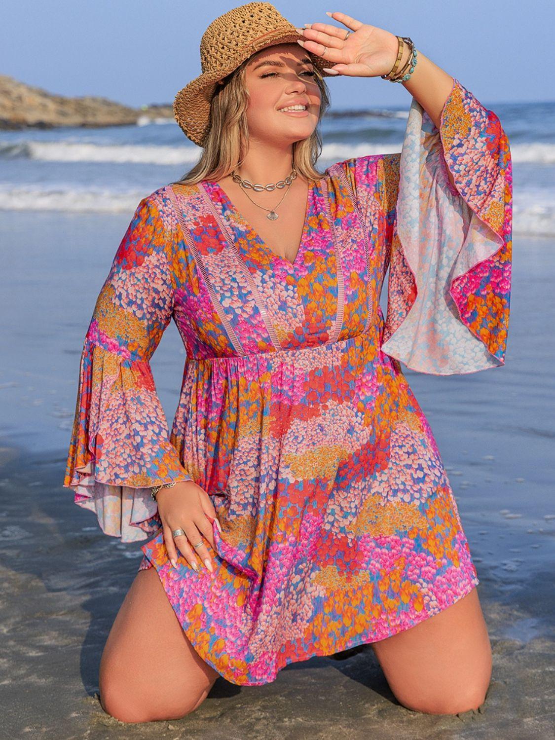 Plus Size Ruched Printed Long Sleeve Dress - ClubOn