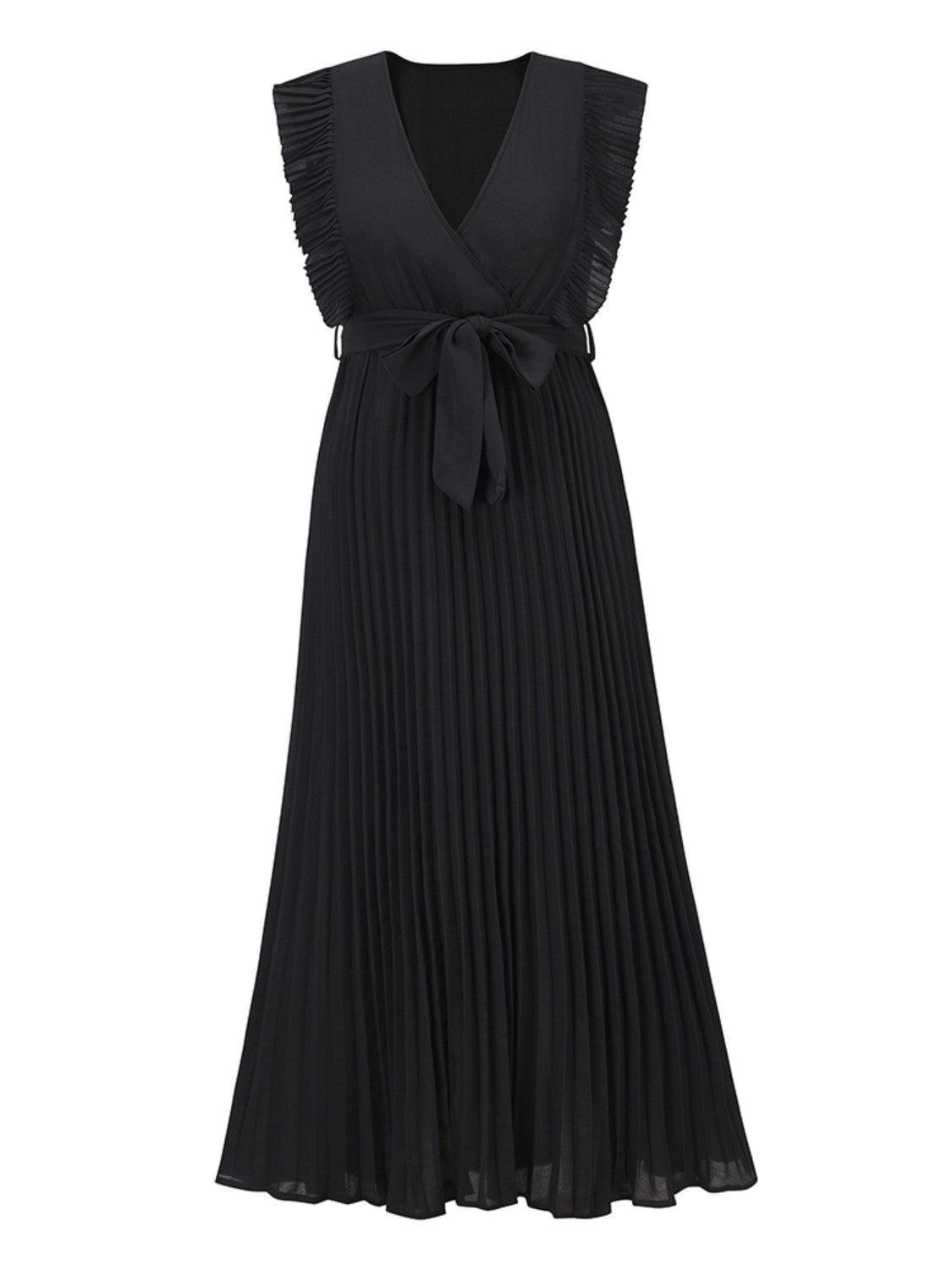 Tied Surplice Cap Sleeve Pleated Dress - ClubOn