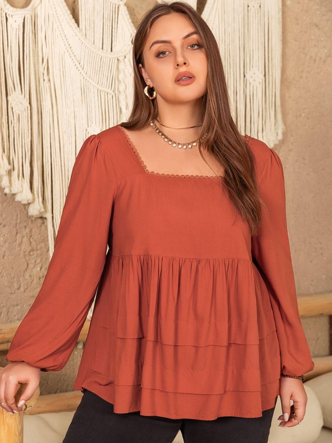Plus Size Lace Detail Square Neck Long Sleeve Blouse - ClubOn