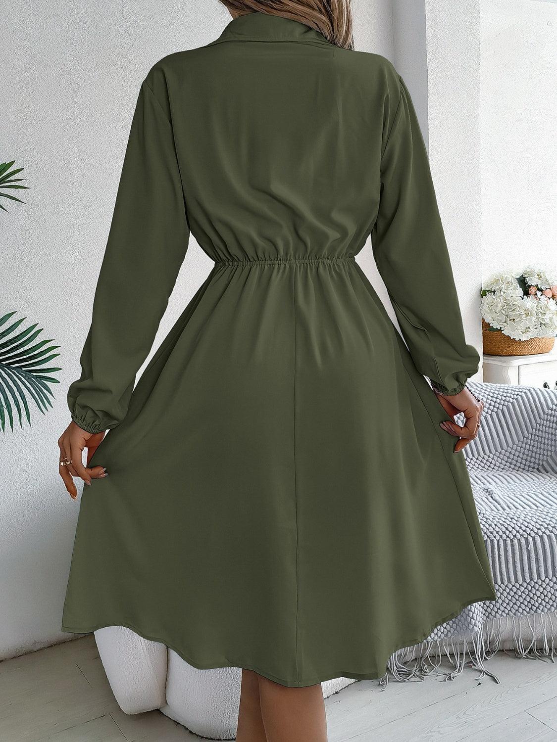 Collared Neck Long Sleeve Dress with Pockets - ClubOn