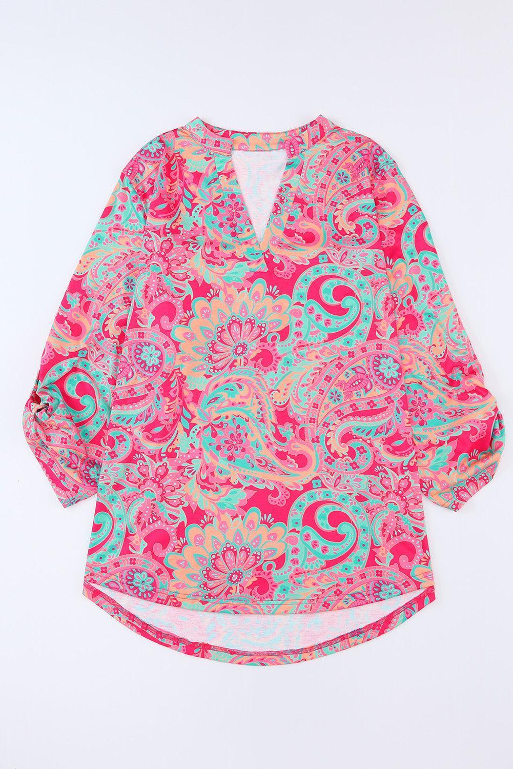 Plus Size Printed Notched Long Sleeve Blouse - ClubOn