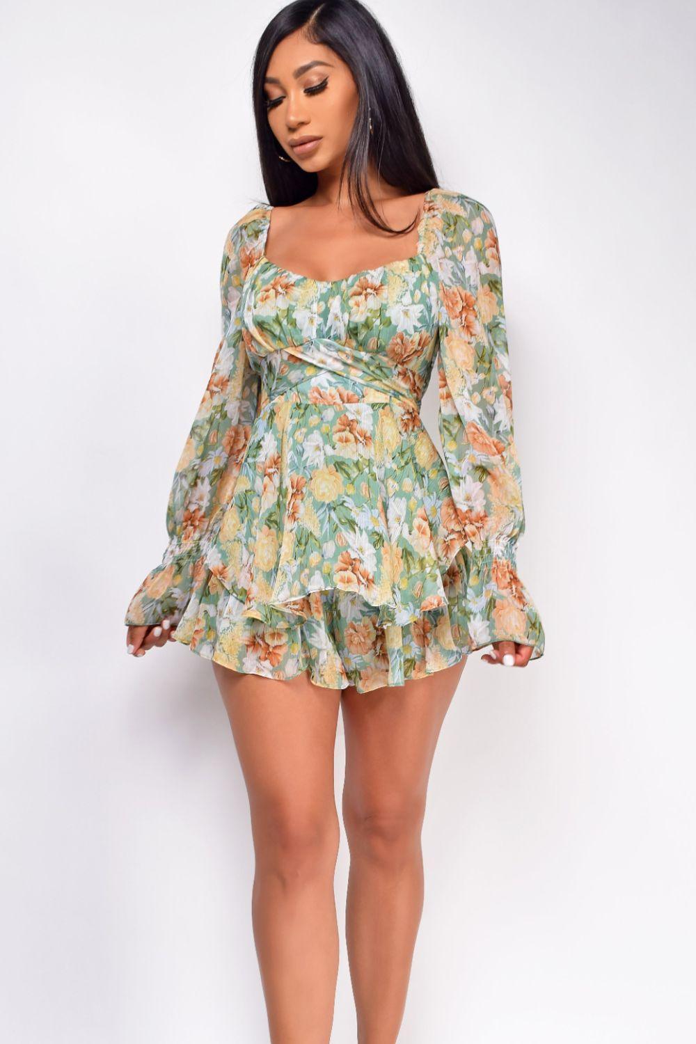 Floral Sweetheart Neck Flounce Sleeve Romper - ClubOn