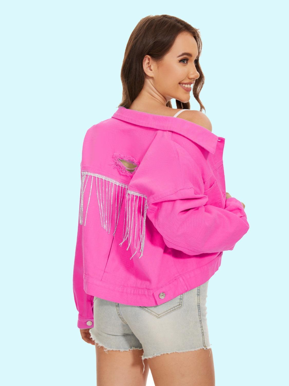 Distressed Distressed Button Up Denim Jacket - ClubOn