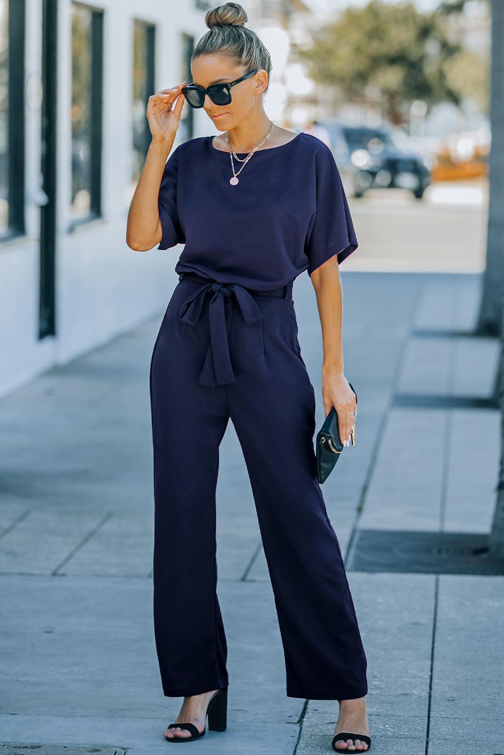 Full Size Tie Waist Straight Leg Jumpsuit - ClubOn