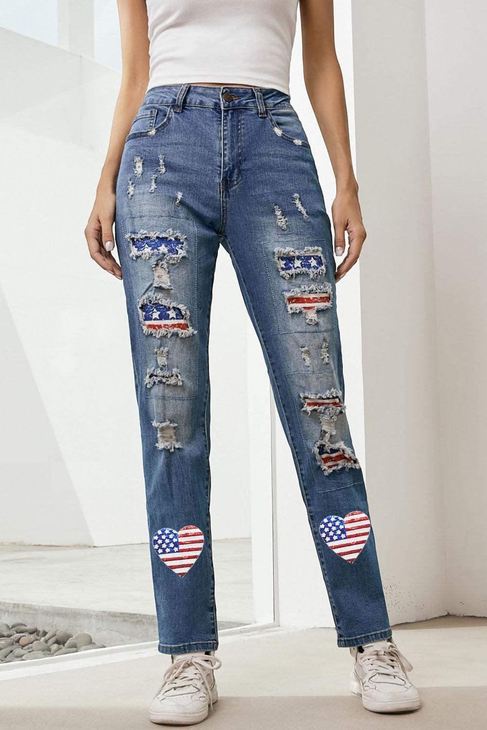 US Flag Distressed Straight Jeans - ClubOn