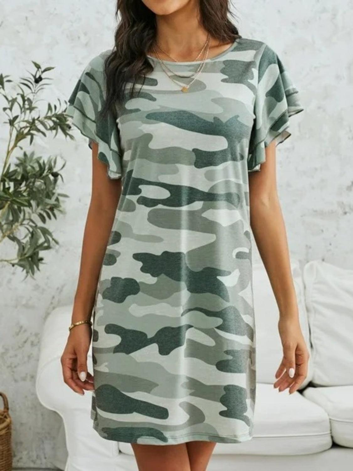 Camouflage Round Neck Short Sleeve Mini Dress - ClubOn