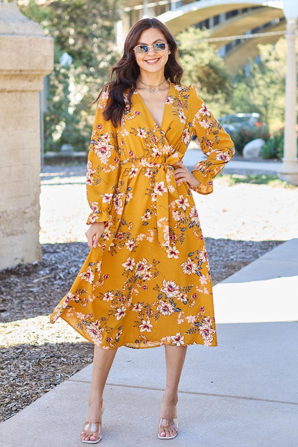 Double Take Full Size Floral Tie Back Flounce Sleeve Dress - ClubOn