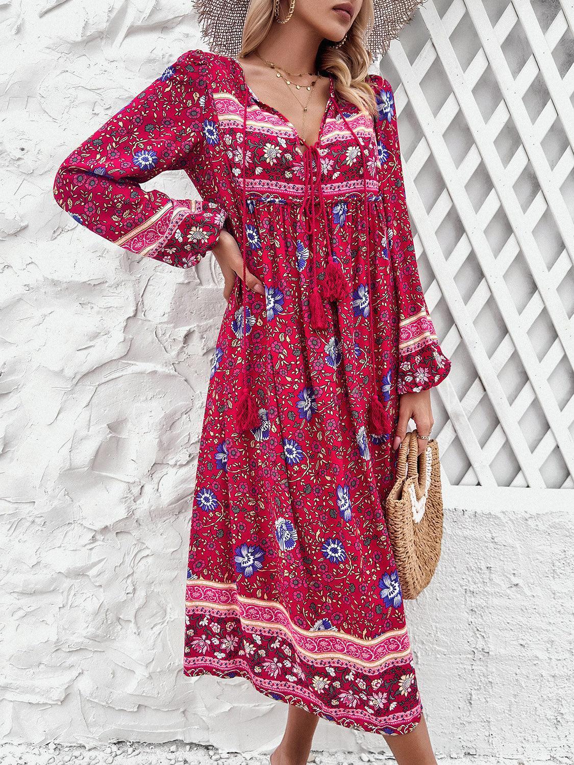 Devine Tassel Tied Printed Long Sleeve Dress - ClubOn