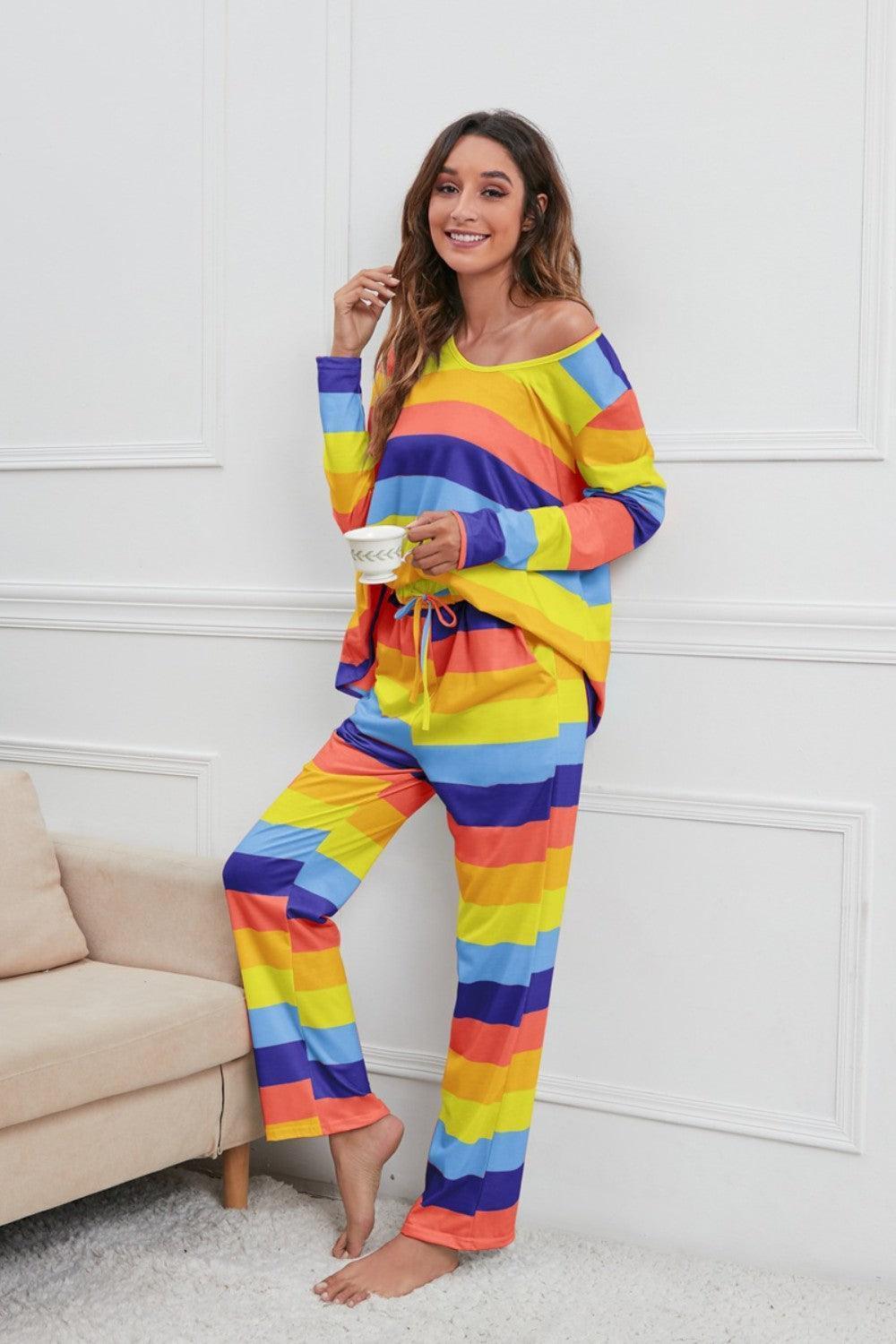 Striped Round Neck Long Sleeve Top and Drawstring Pants Lounge Set - ClubOn