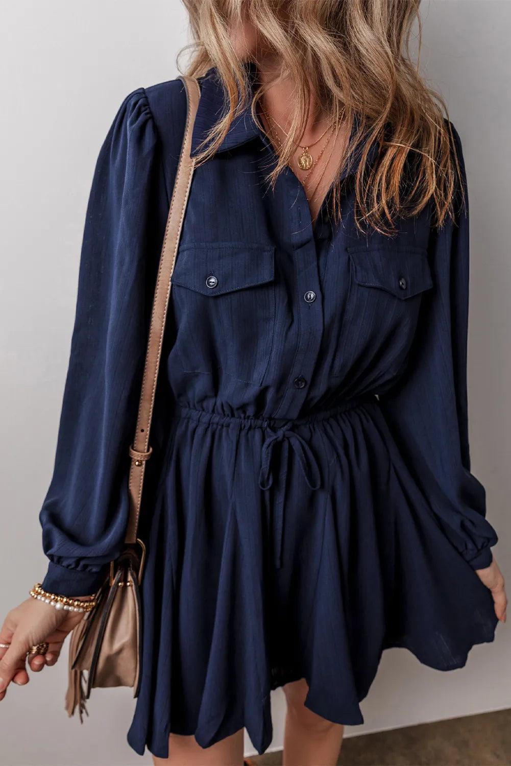 Drawstring Half Button Long Sleeve Dress - ClubOn