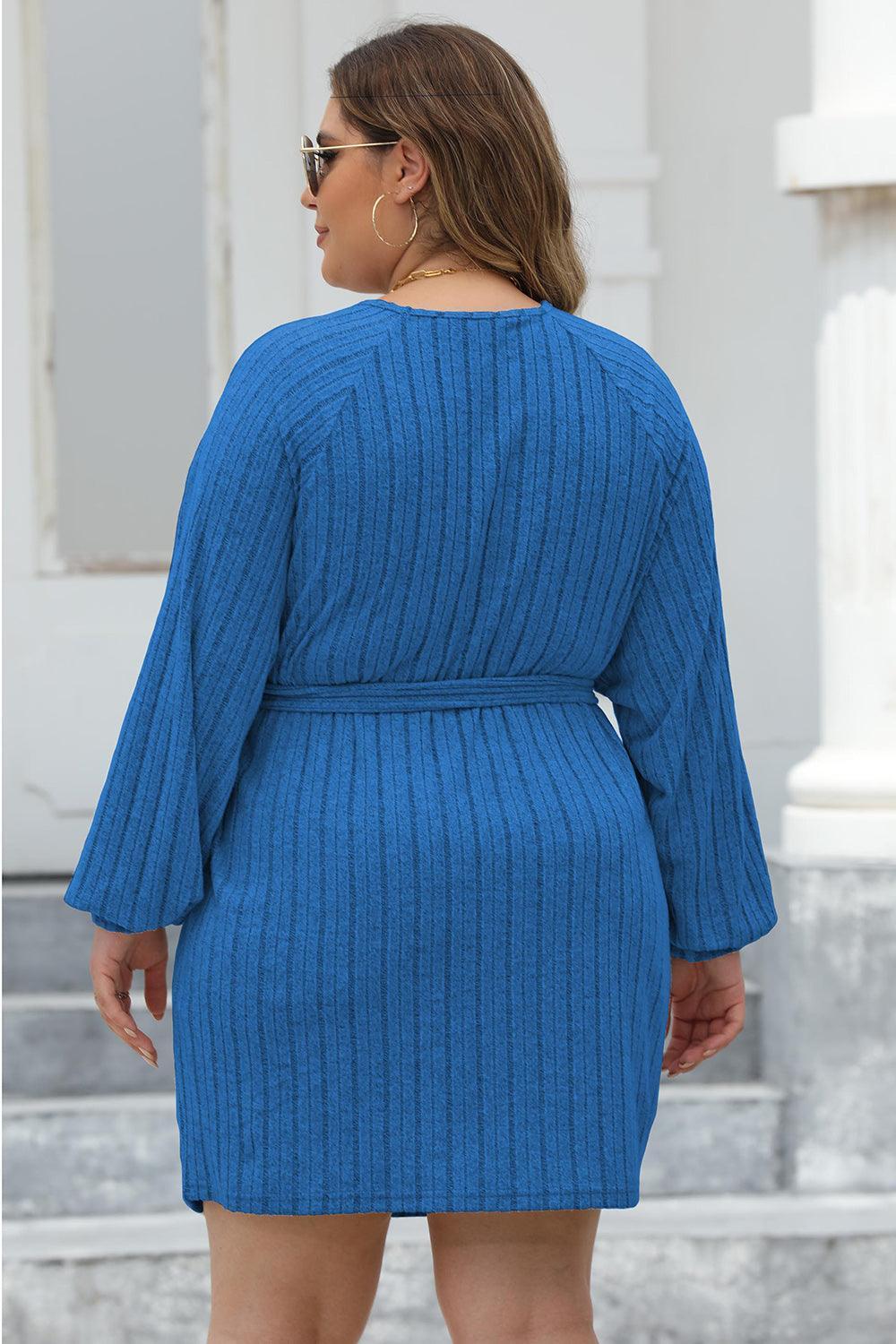 Plus Size Ribbed Tie Front Long Sleeve Sweater Dress - ClubOn