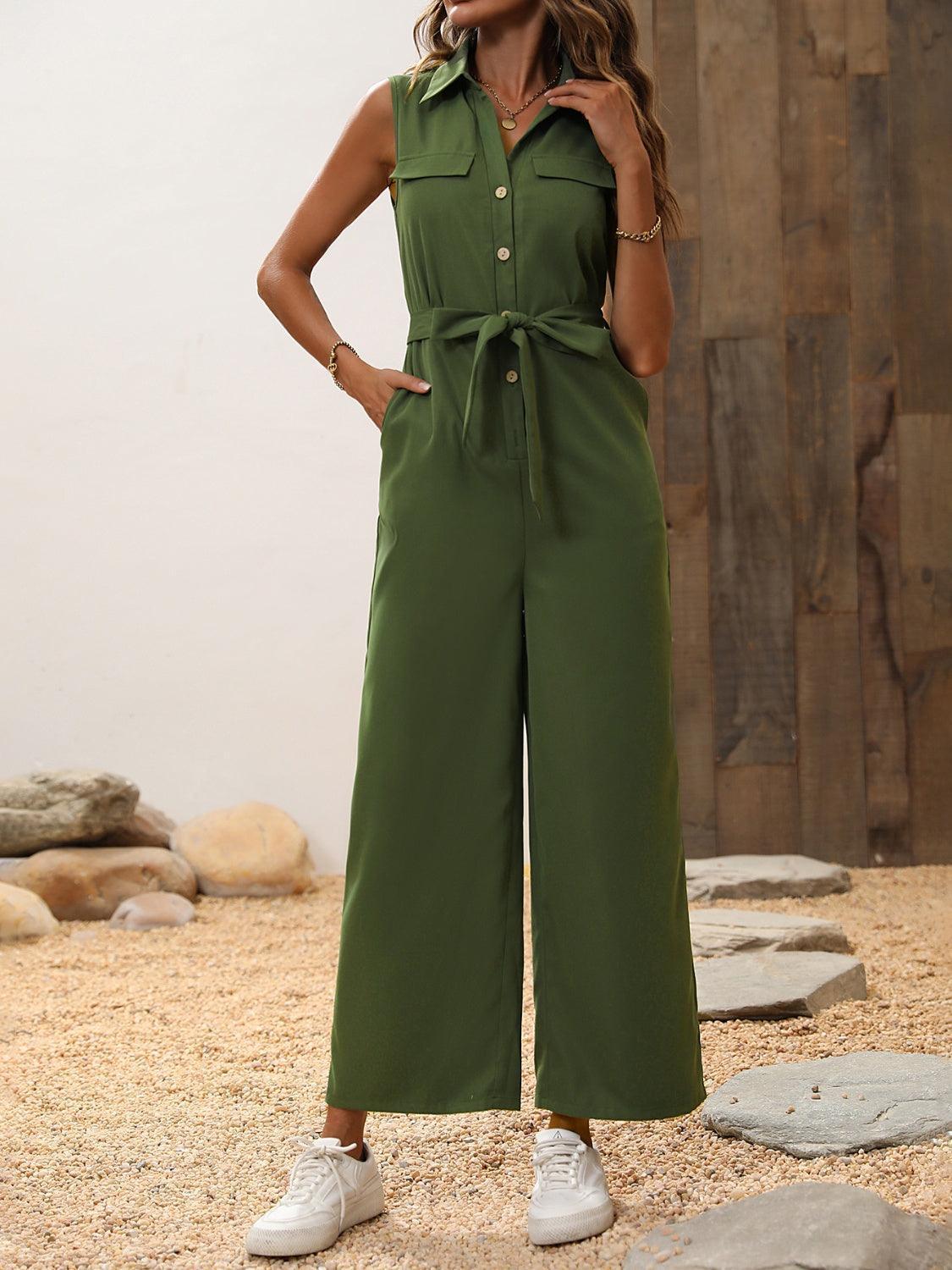Honey Tie Waist Sleeveless Wide Leg Jumpsuit - ClubOn